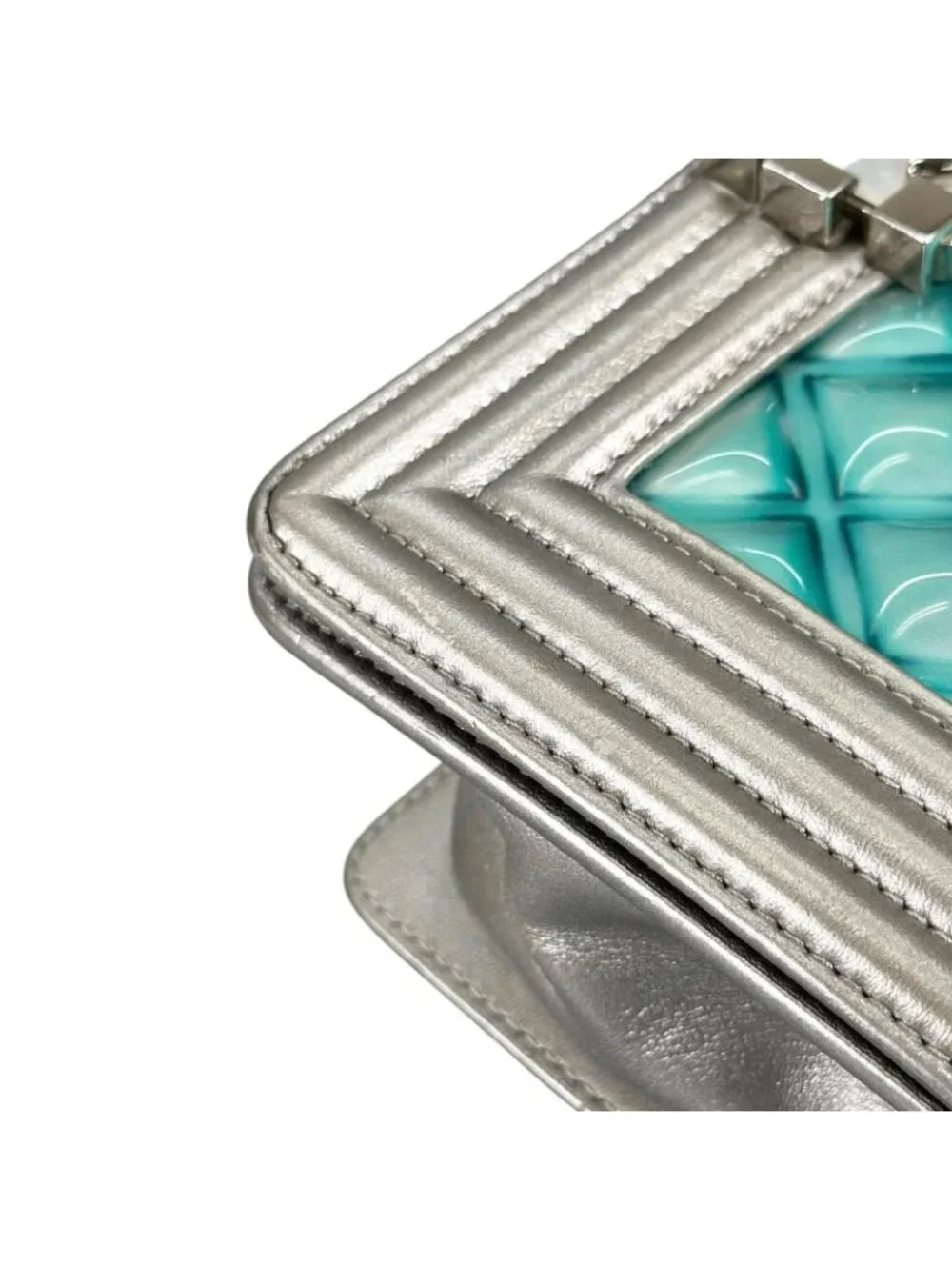 Chanel Boy Enamel Leather Lambskin Silver Light Blue Shoulder